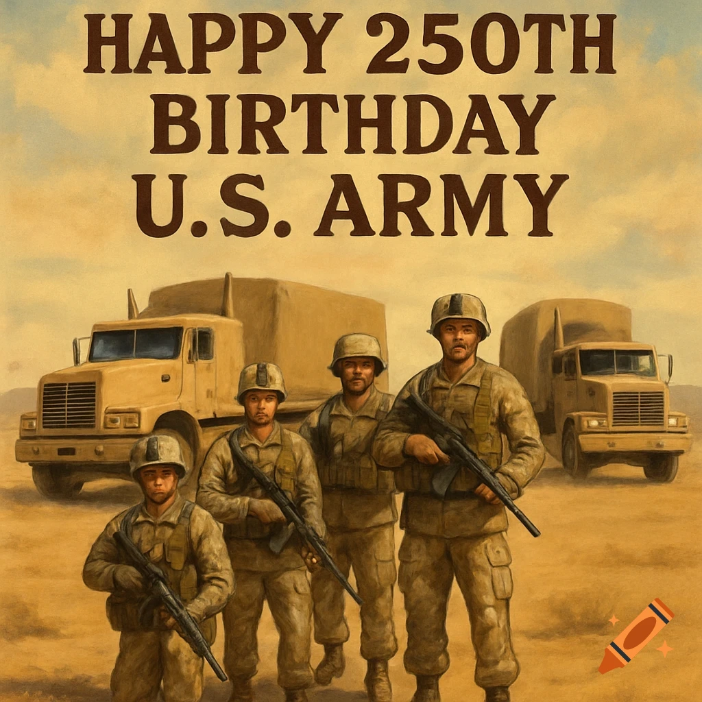 Four soldiers and military trucks in a desert illustration, with text 'Happy 250th Birthday U.S. Army'.