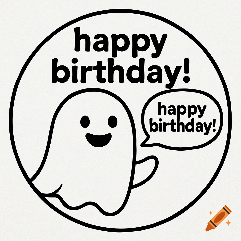 A round black and white line drawing of a friendly ghost in a circle with the text "happy birthday!".