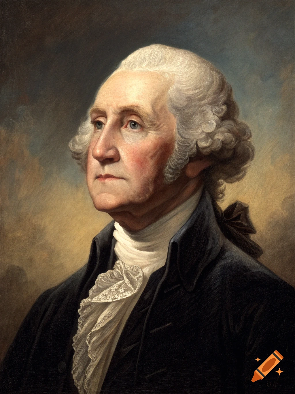 Realistic portrait painting of George Washington.