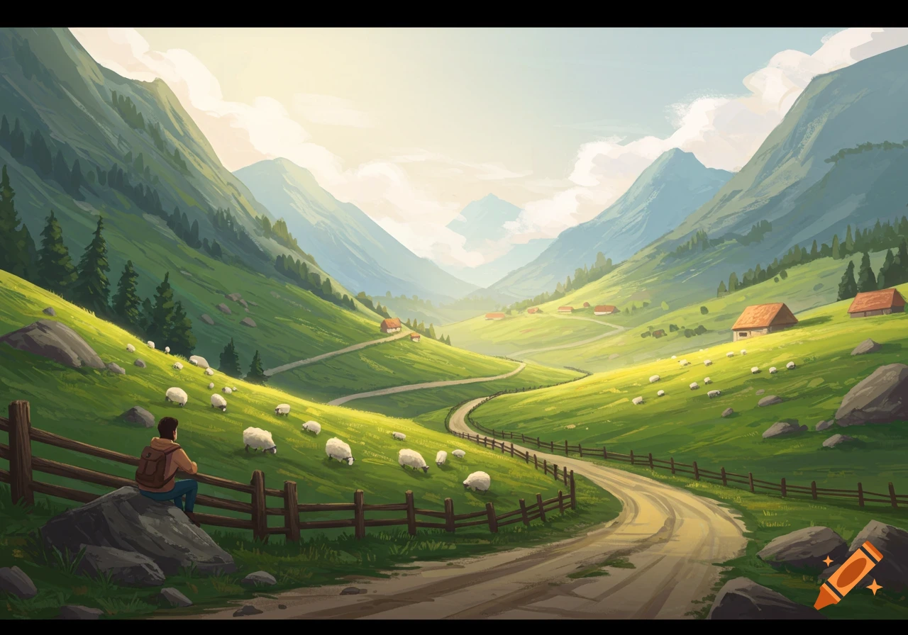 Illustration of a man watching sheep graze in a green mountain valley with houses and a winding road.