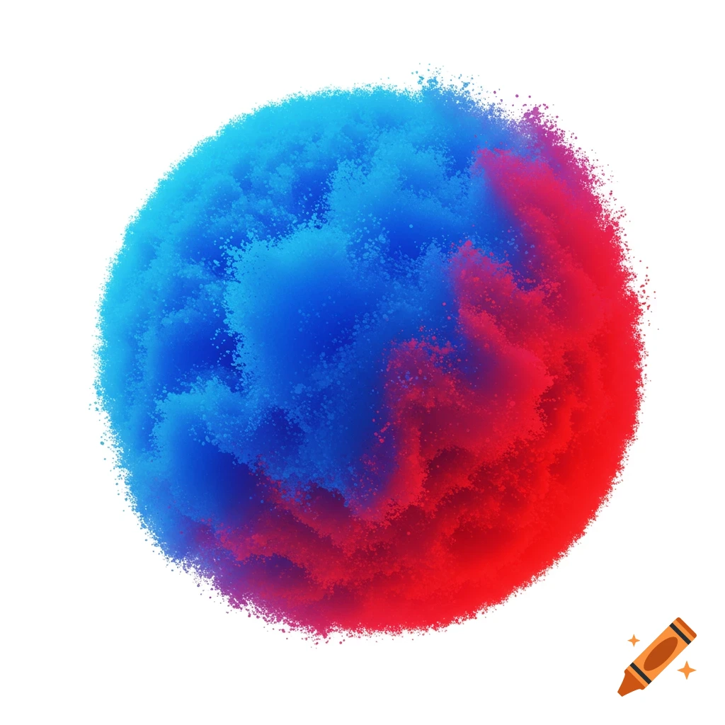 A sphere of swirling blue and red particles on a white background.