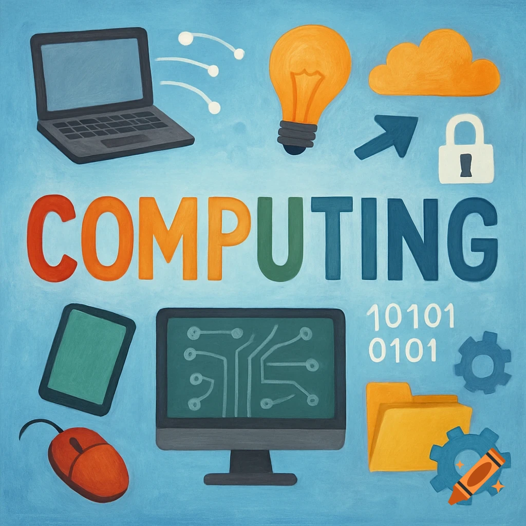 Illustration with computing icons like laptop, monitor, binary code, and the word COMPUTING on a blue background.