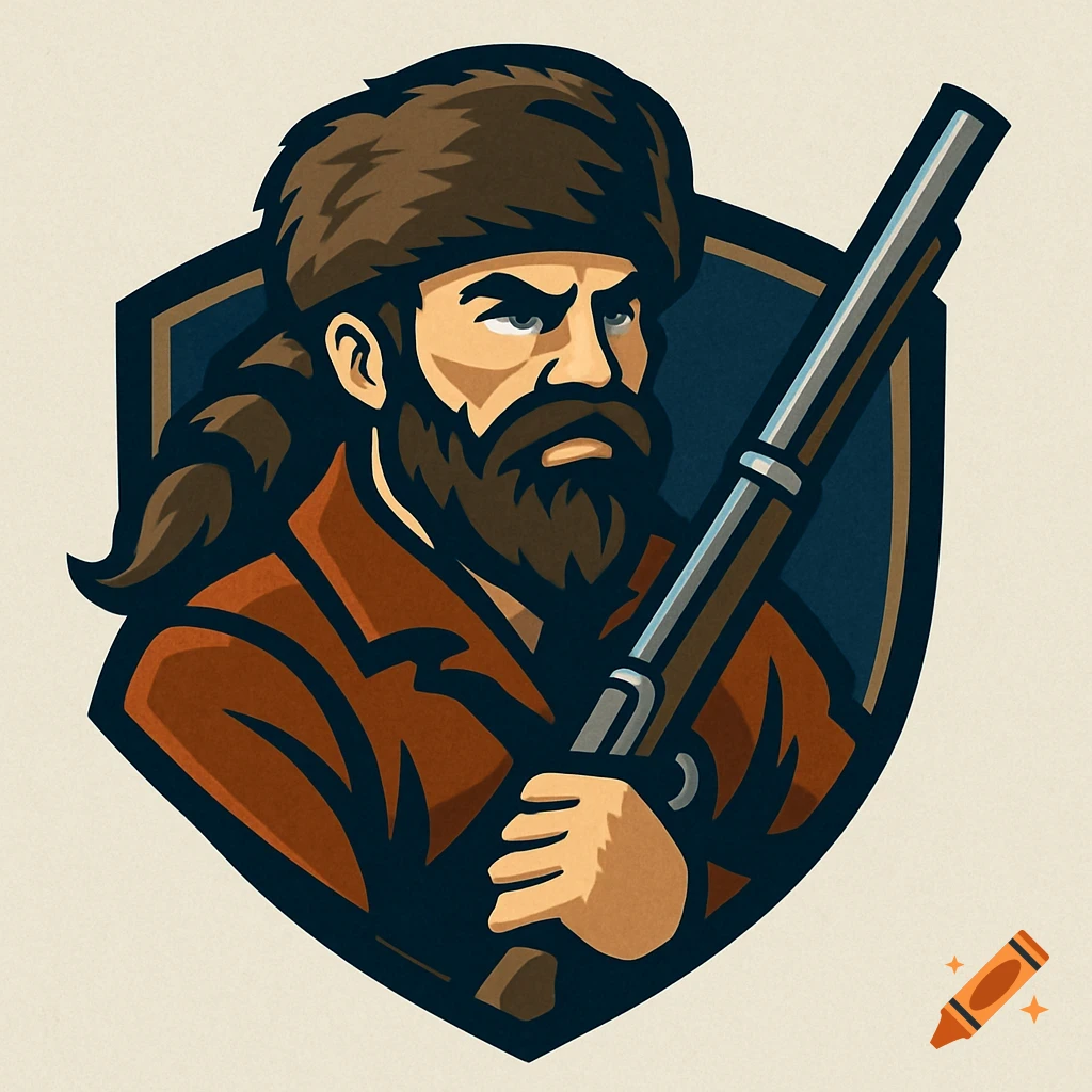 Stylized logo illustration of a fur trapper with a rifle on a shield.