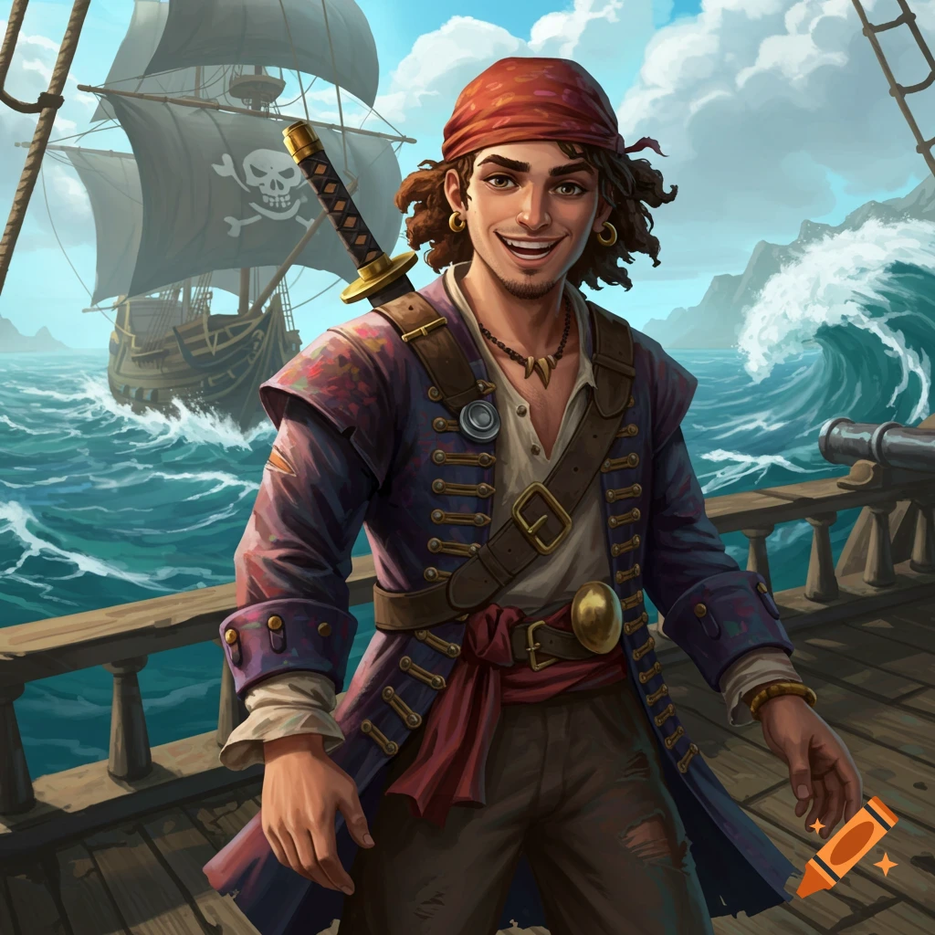 A smiling young pirate stands on the deck of a ship, with another ship and stormy sea behind him.