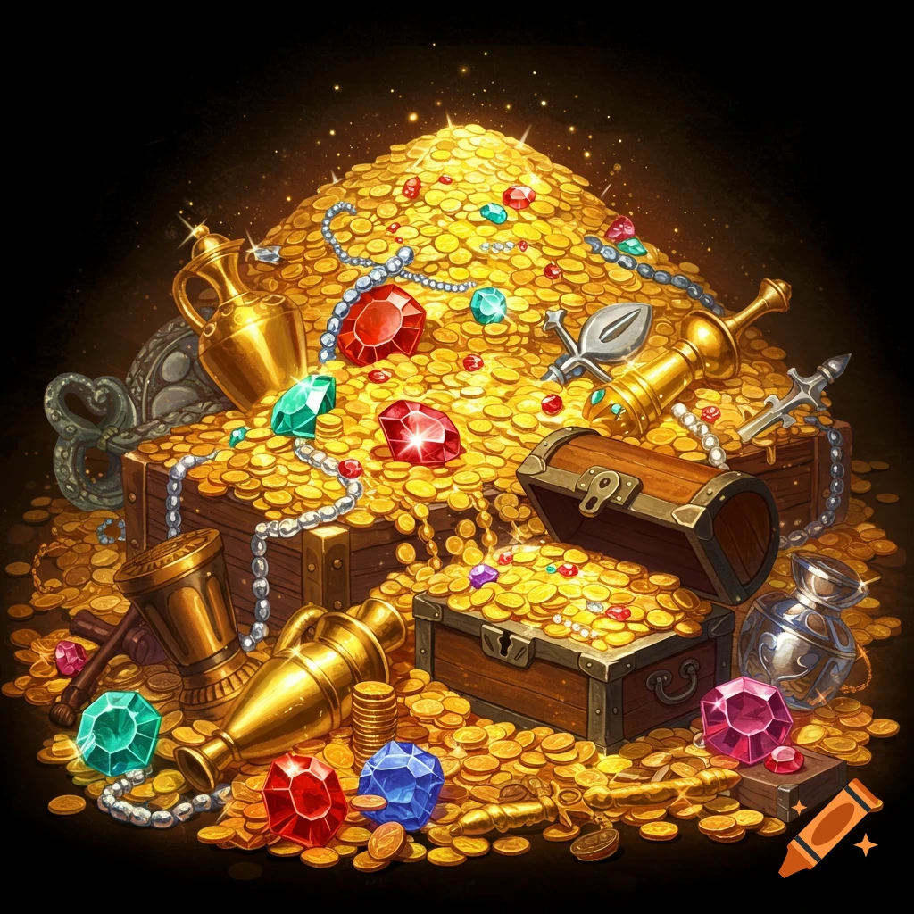 A large pile of gold coins, jewels, treasure chests, and ancient artifacts.
