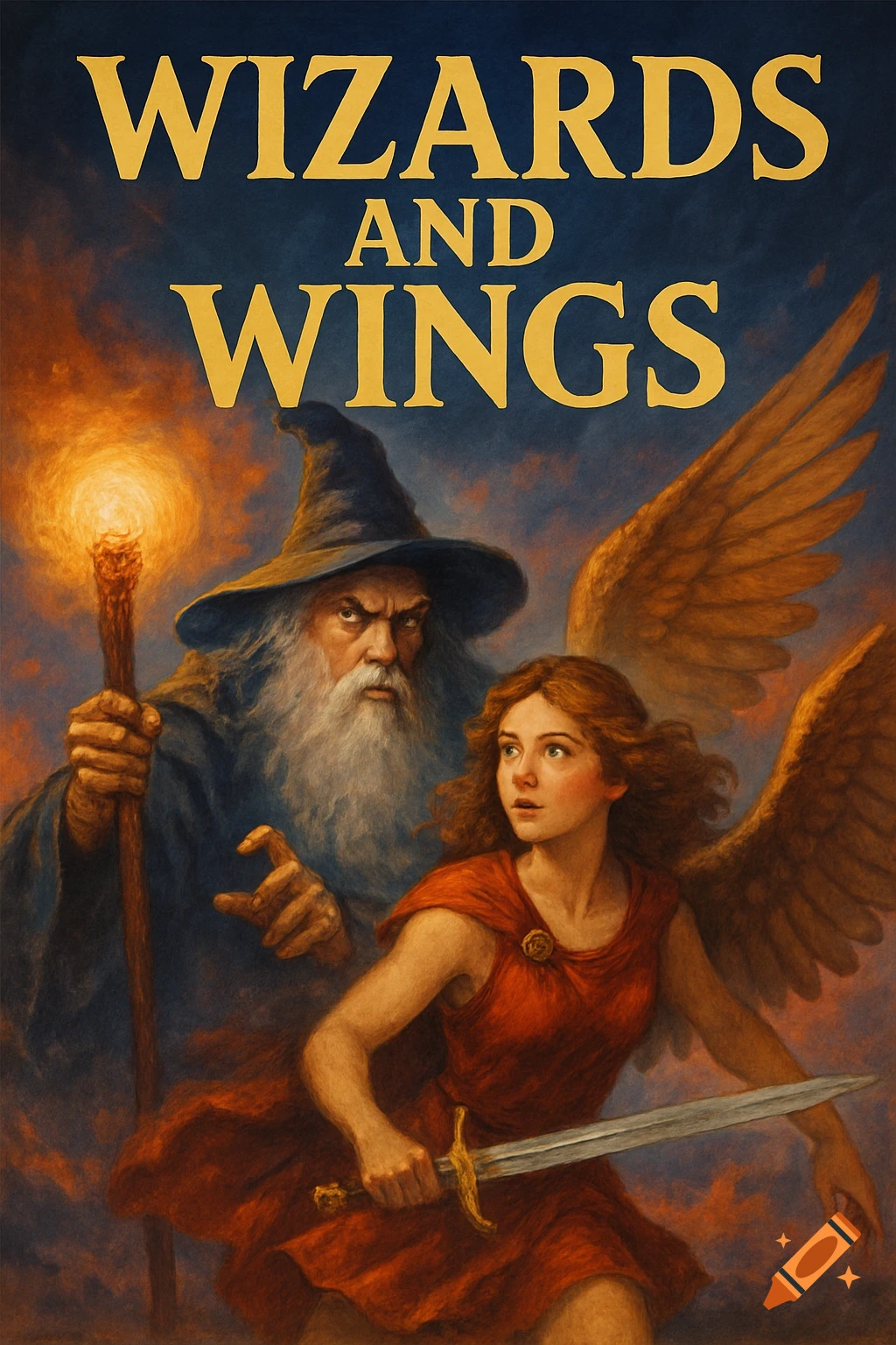 Painterly illustration of a wizard with a staff and a winged person with a sword under text WIZARDS AND WINGS.