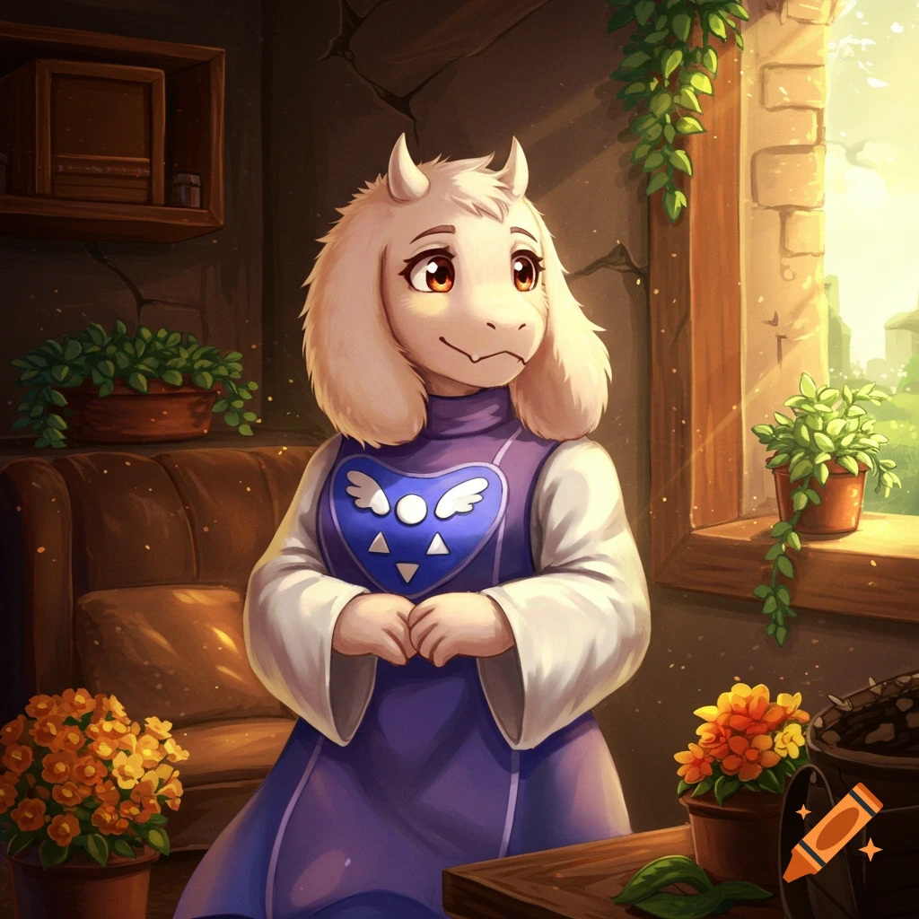 Undertale character Toriel sitting in a sunlit room with plants