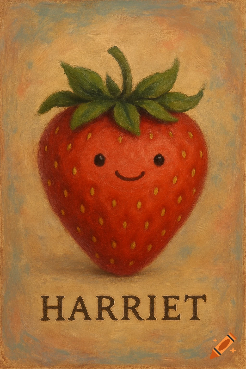 Painting of a cute smiling strawberry labeled HARRIET