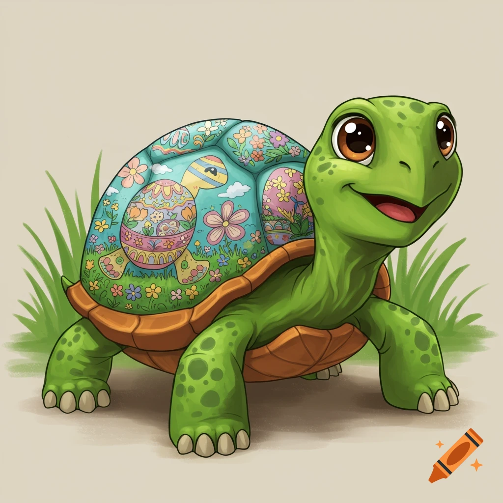 Cartoon land turtle with Easter painted shell and flowers standing in grass.