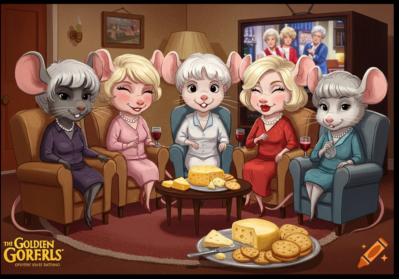 Cartoon mice resembling the Golden Girls sit in chairs watching TV, with cheese and crackers on a table.