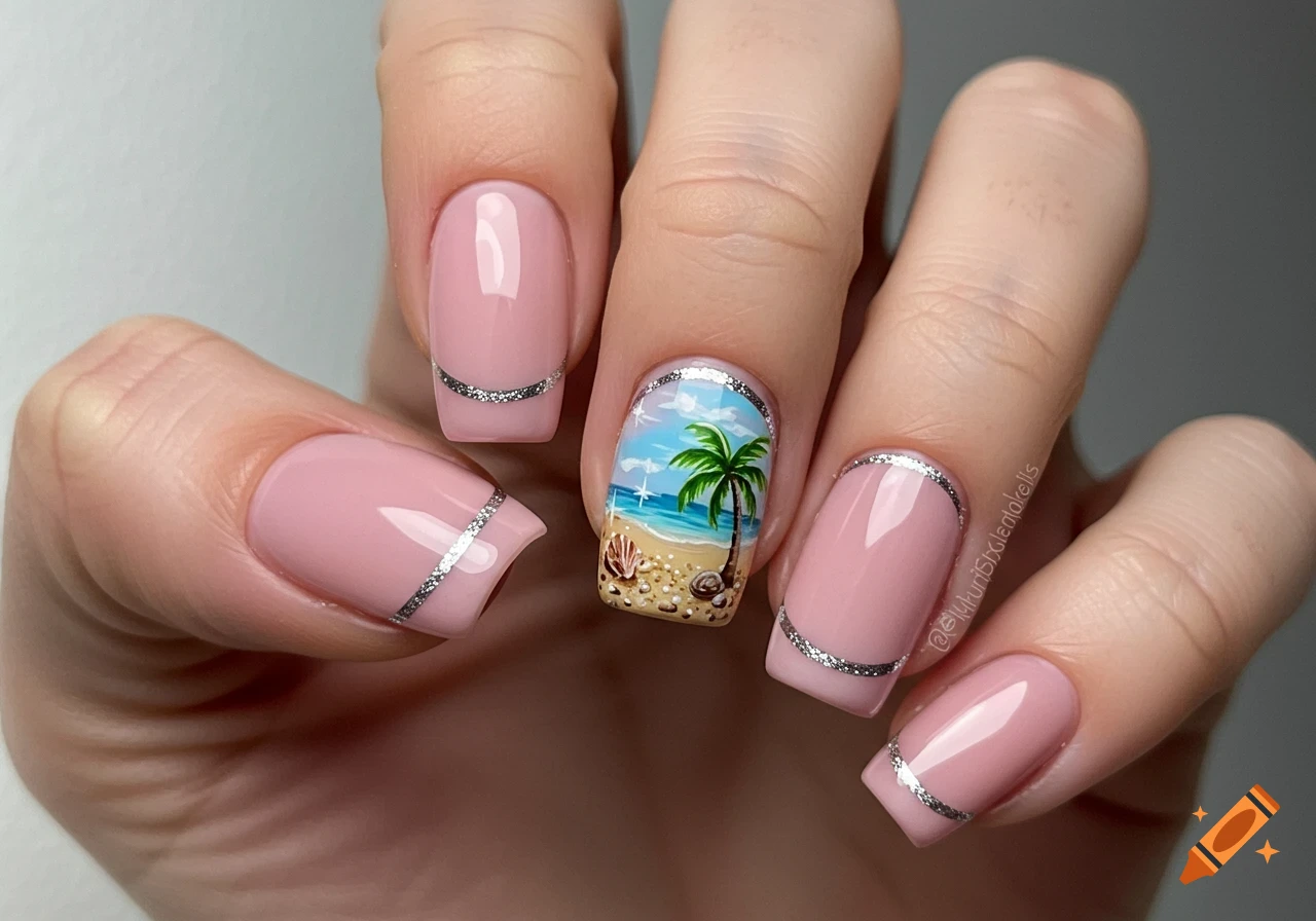 Close-up of a hand with pink nails. Four nails have pink polish with silver lines; the ring finger has a beach scene.