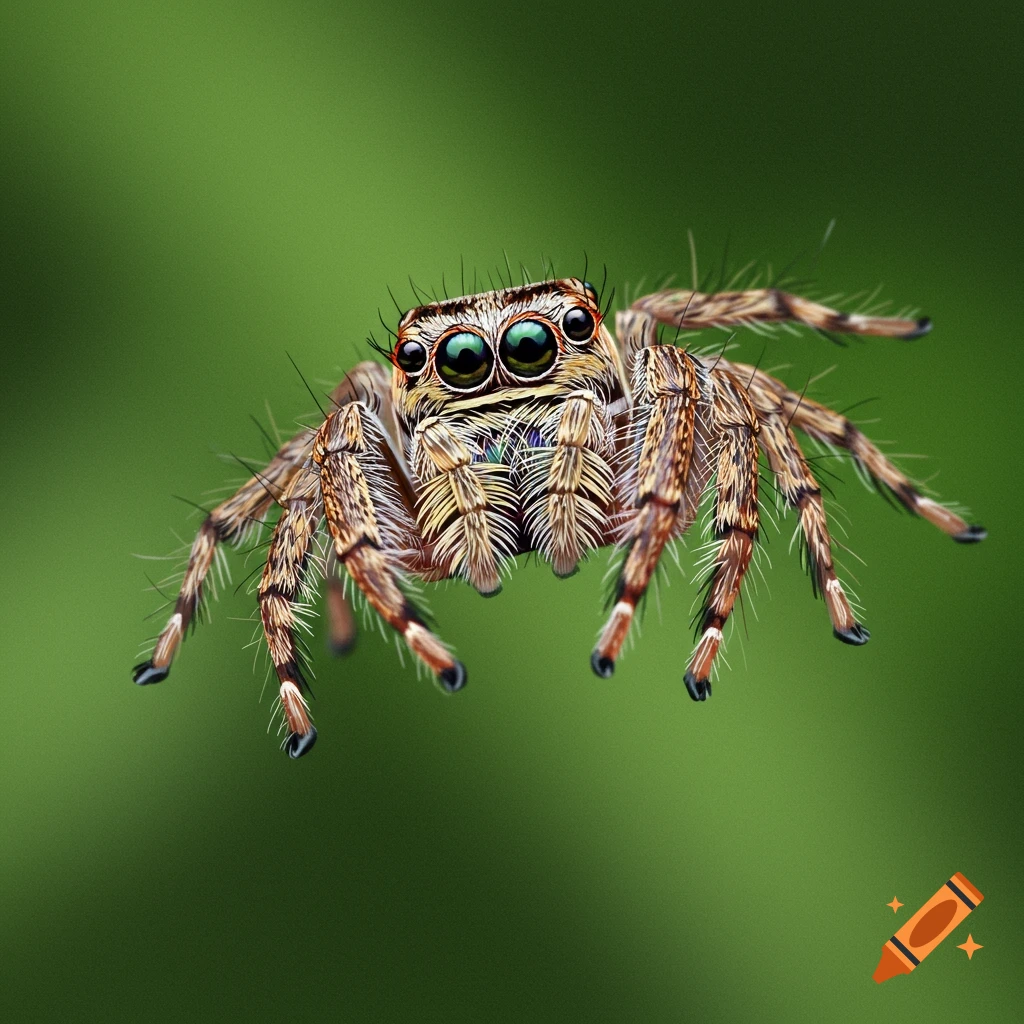 Close-up of a jumping spider on a green background.