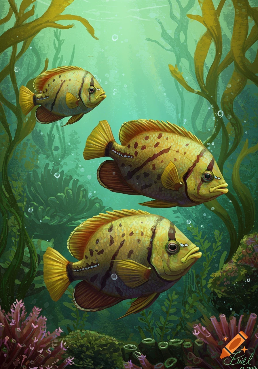 Three fish swim among kelp and coral in a stylized underwater scene.