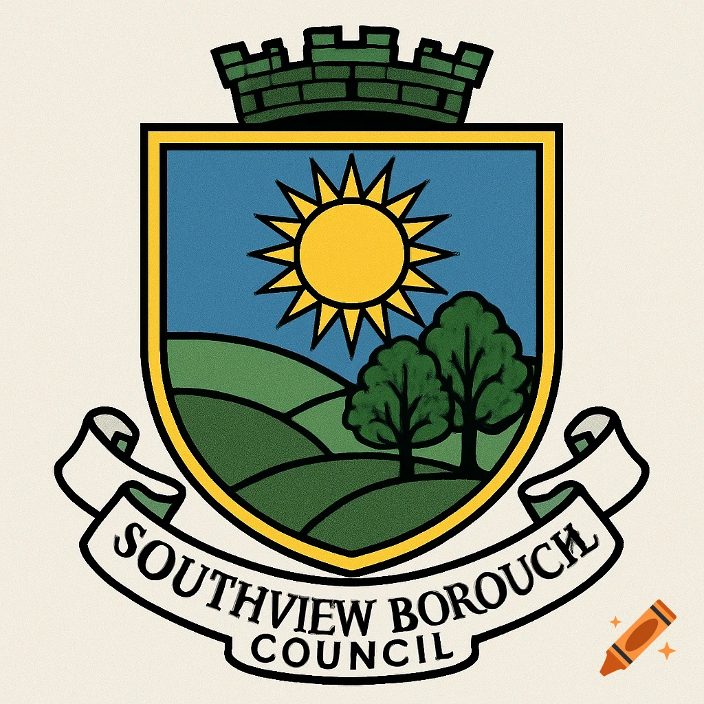 Coat of arms logo with a shield depicting a sun, hills, and trees, topped by a castle and featuring a banner below.