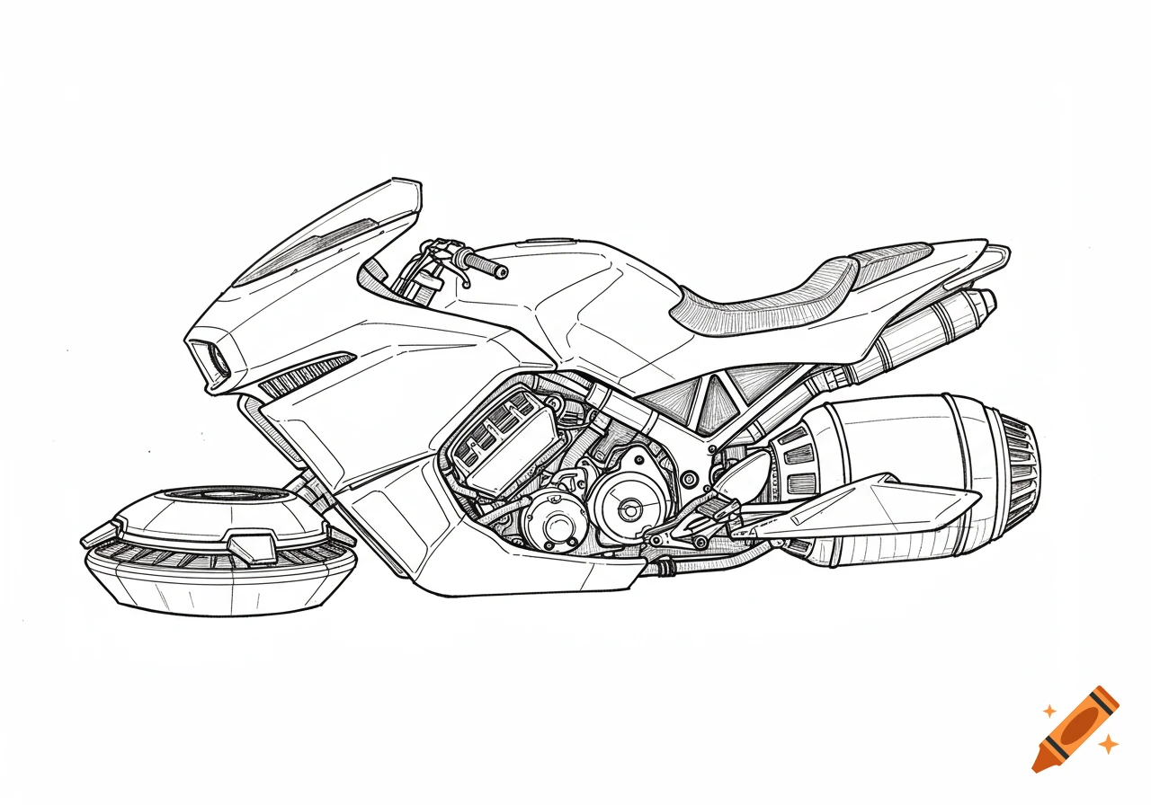 A black and white line drawing of a futuristic hover motorcycle with an air cushion system.