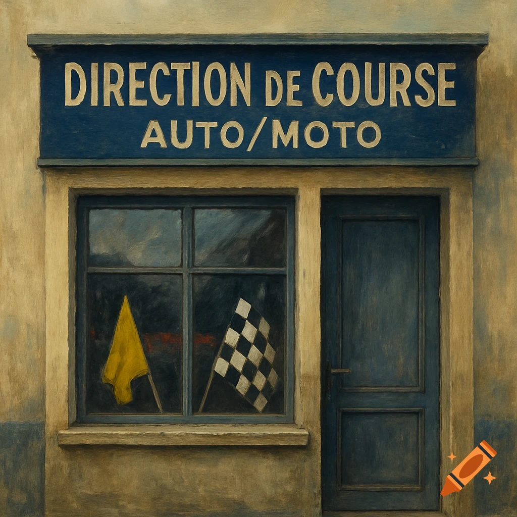 Painting of a storefront with a blue sign reading "Direction de course auto/moto" above a window displaying a yellow flag and a checkered flag, next to a blue door.