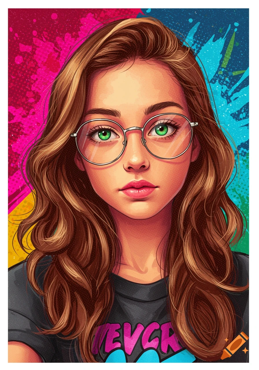 Illustration of a teen girl with green eyes, brown hair, and glasses against a colorful background.