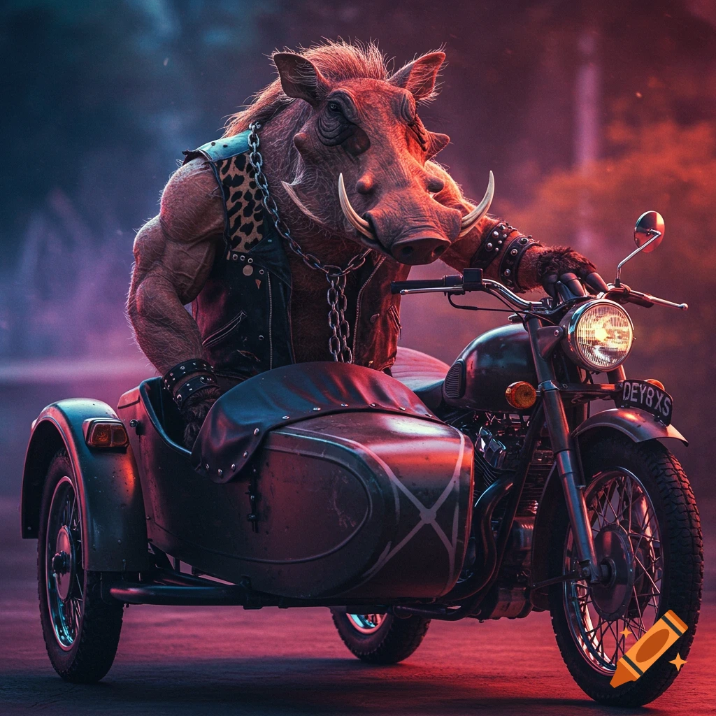 Tough warthog in a leather vest sitting in a motorcycle sidecar.