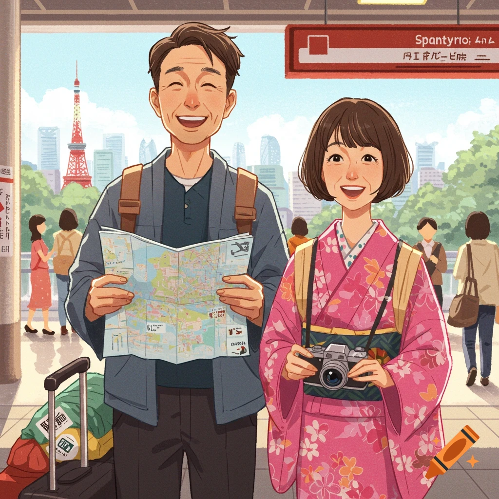 Smiling couple with a map and camera stand in a Japanese city with Tokyo Tower in the background, ready for travel.