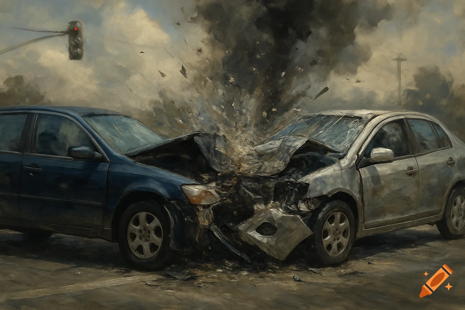 A painting depicts two cars colliding head-on, with debris and smoke erupting from the impact.