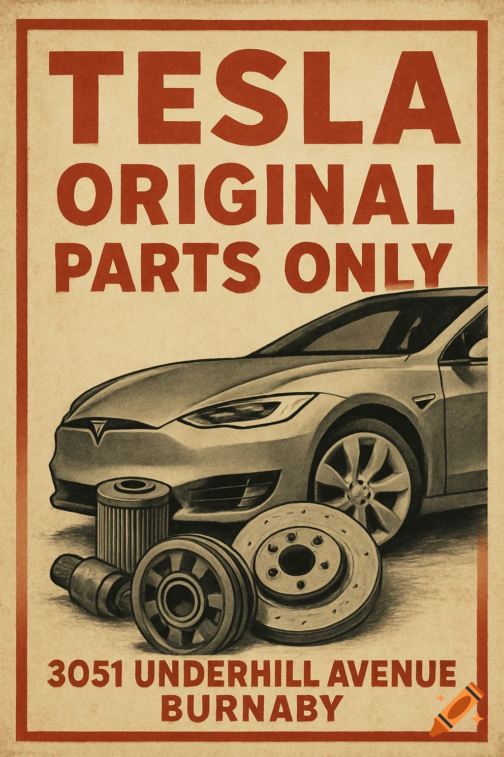 Vintage-style poster advertising Tesla original parts with a car and auto parts.
