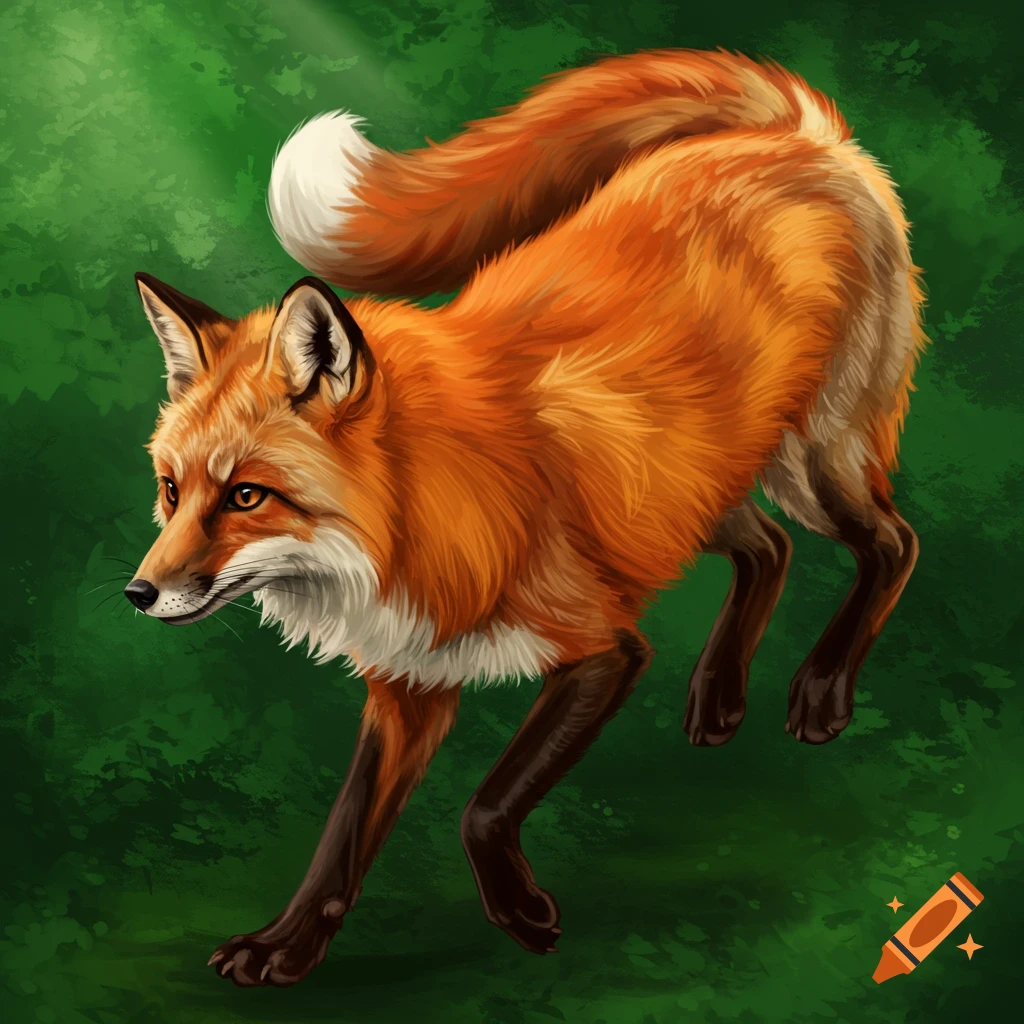 Digital painting of a running red fox with a bushy tail against a green background.