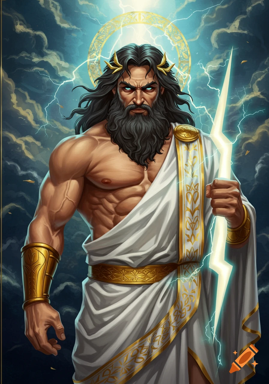 Zeus, Greek god of thunder, holding a lightning bolt in a dramatic illustration.