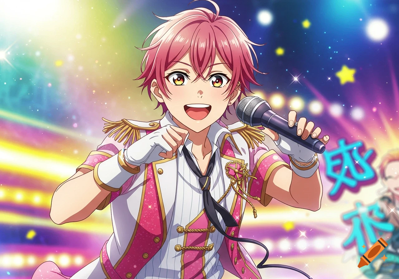 An anime man with pink hair sings into a microphone on a brightly lit stage.