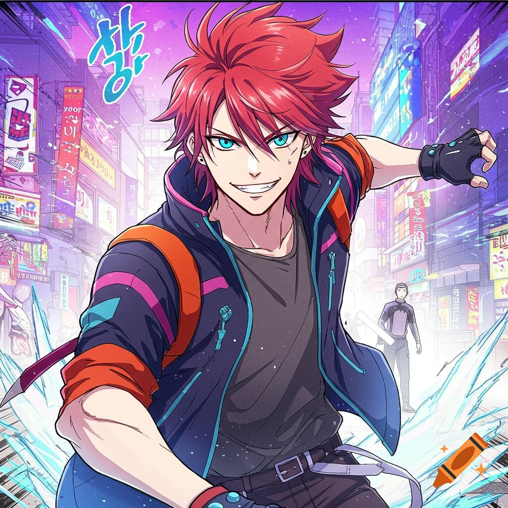 Red-haired anime man with blue eyes smiles intensely in a neon city street.