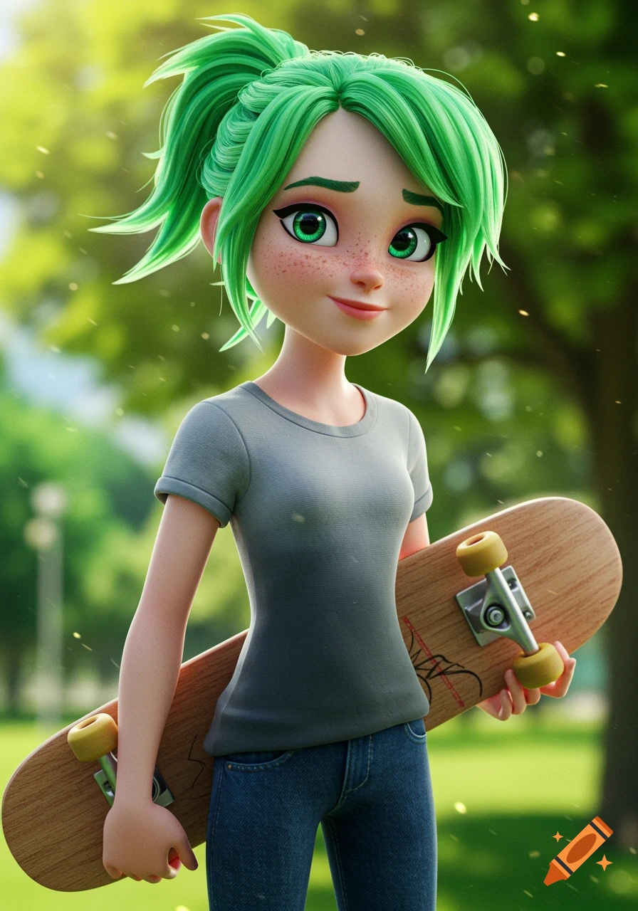 Cartoon girl with green hair holding a skateboard in a park.