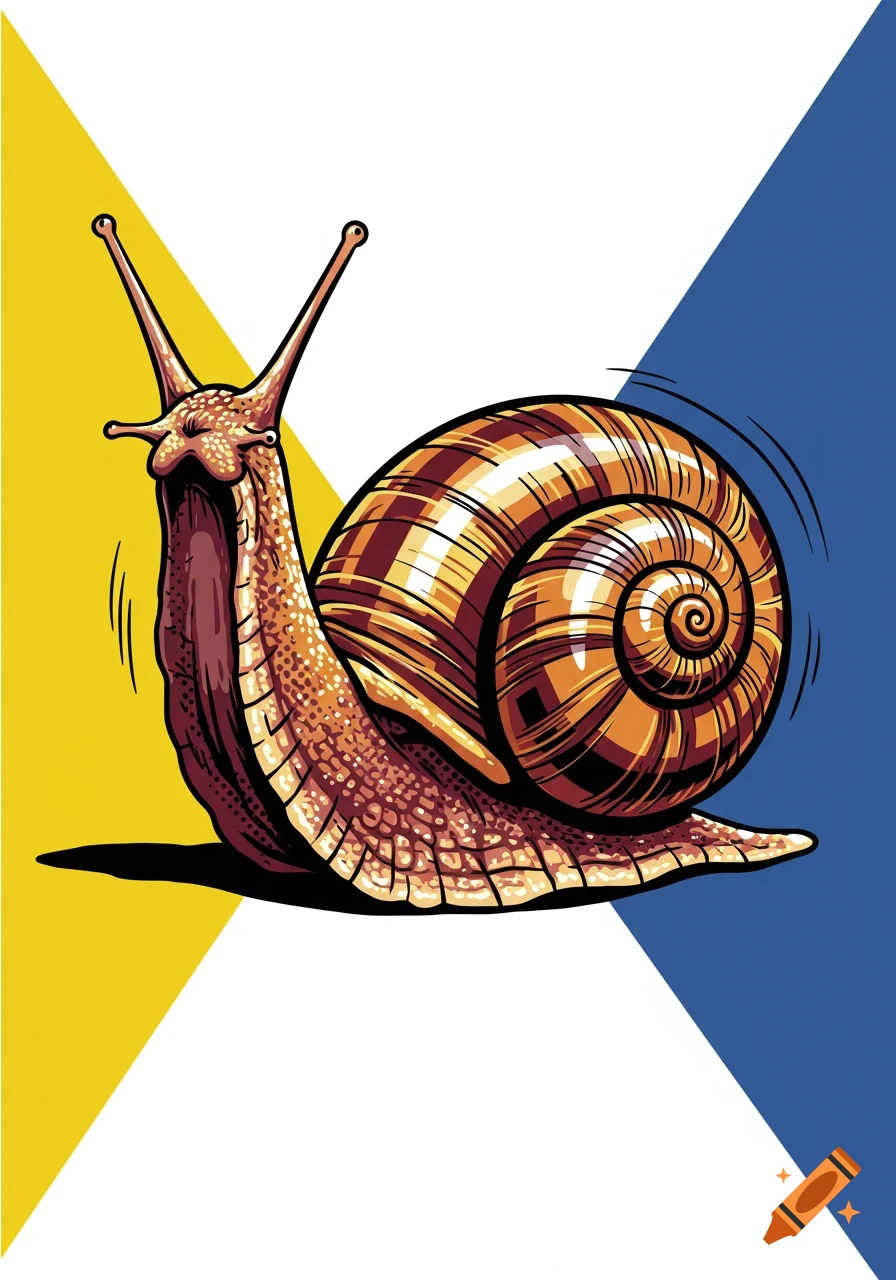 Pop art illustration of a snail against a yellow, white, and blue background.