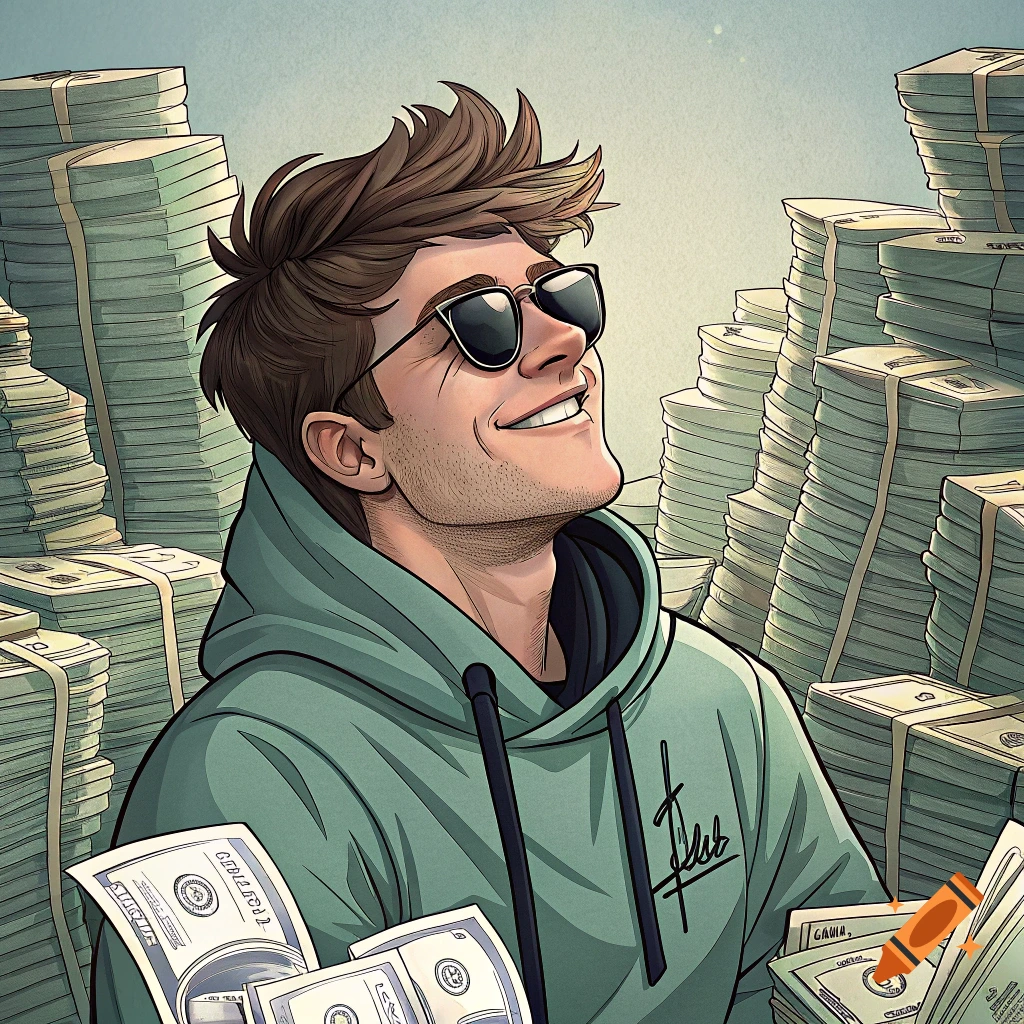 Cartoon man in sunglasses smiling among stacks of cash