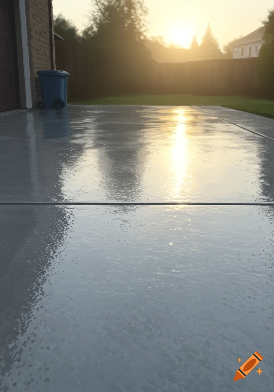 A wet concrete driveway reflecting sunlight, with a trash bin next to a building.