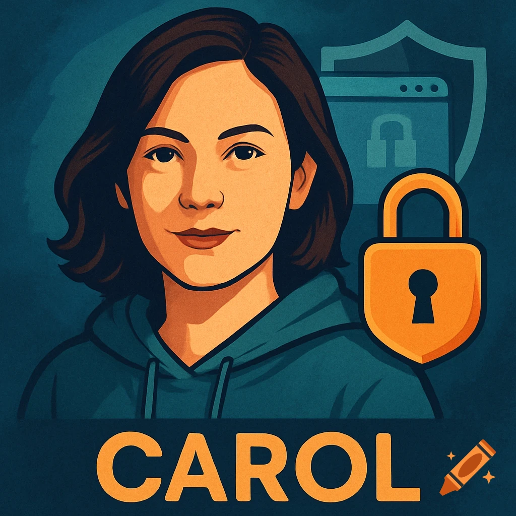 Stylized avatar of a woman with security symbols and the name CAROL