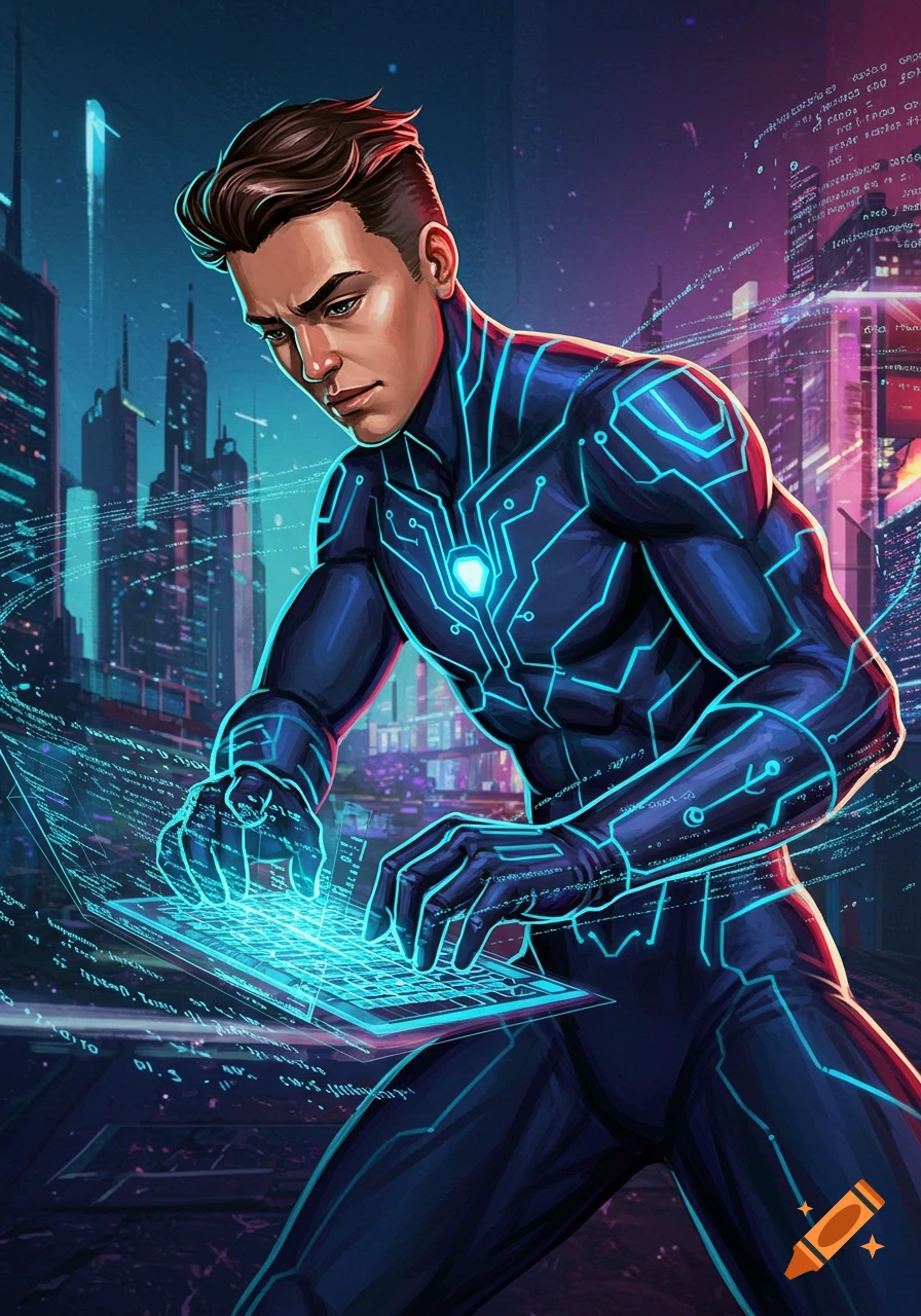 A man in a futuristic suit programs on a laptop amidst data streams in a cyberpunk city.