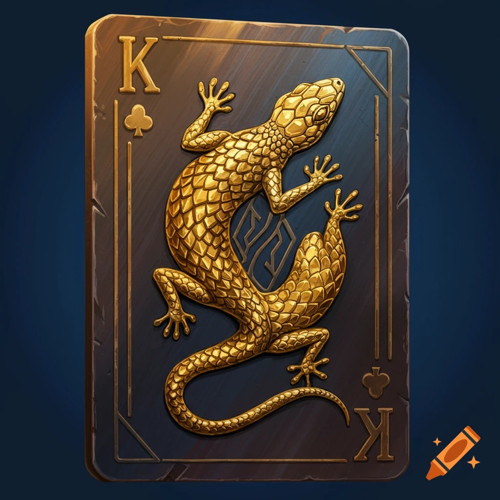 A thick metal playing card featuring a raised golden lizard design.