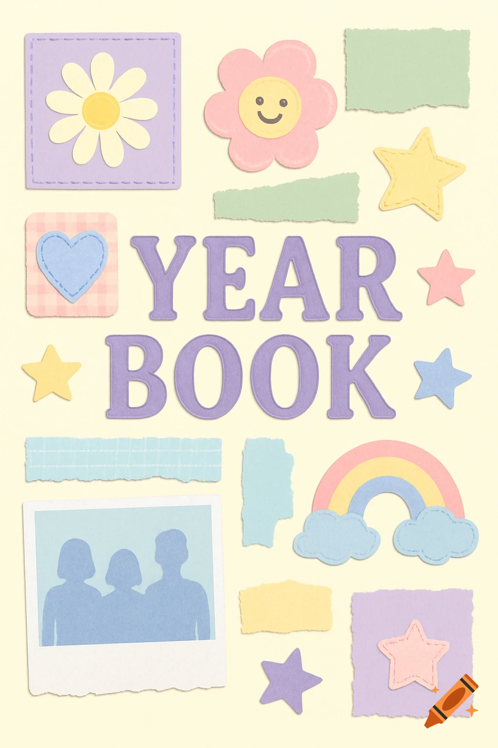 Scrapbook layout with YEAR BOOK text, colorful stickers, a rainbow, and a photo frame placeholder.