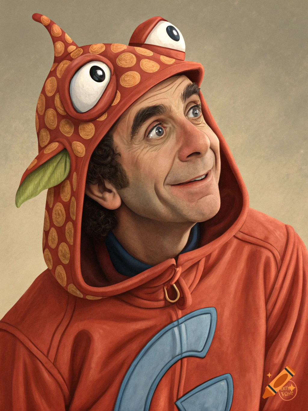 Portrait of a man in an orange costume with googly eyes on the hood, gold spots, a green fin ear, and a blue 'G' symbol on the chest, digital art.
