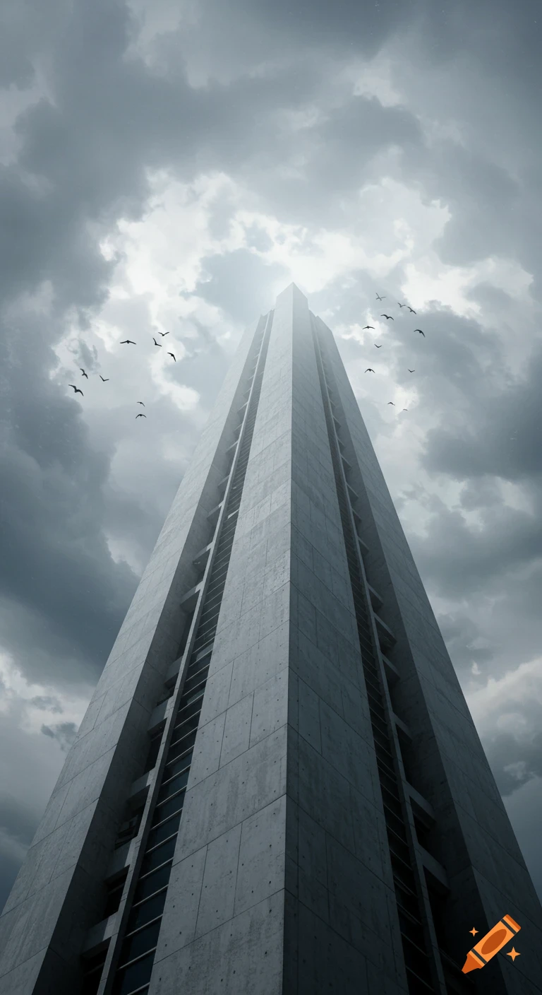 A tall concrete building viewed from below under a cloudy sky with birds flying.