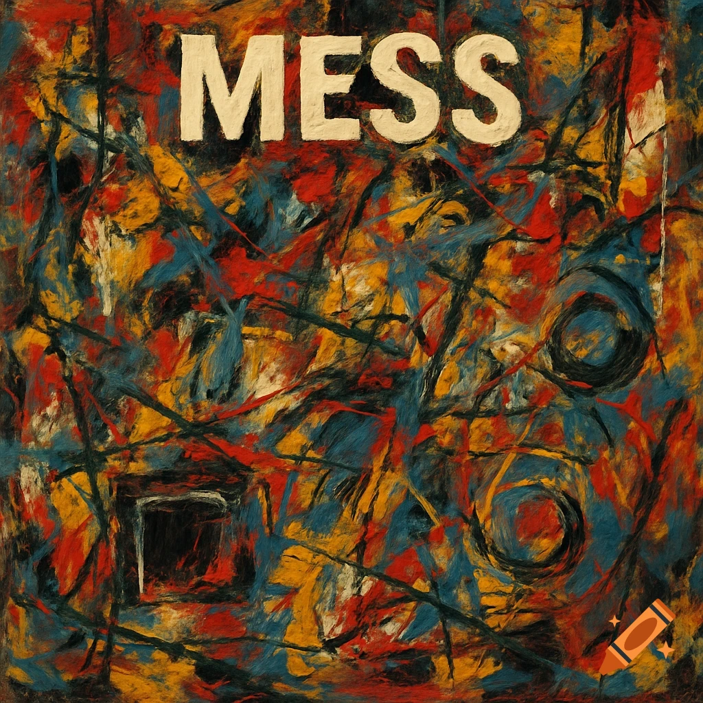 Abstract painting in red, yellow, blue, and black brushstrokes with the large white word 'MESS' at the top.