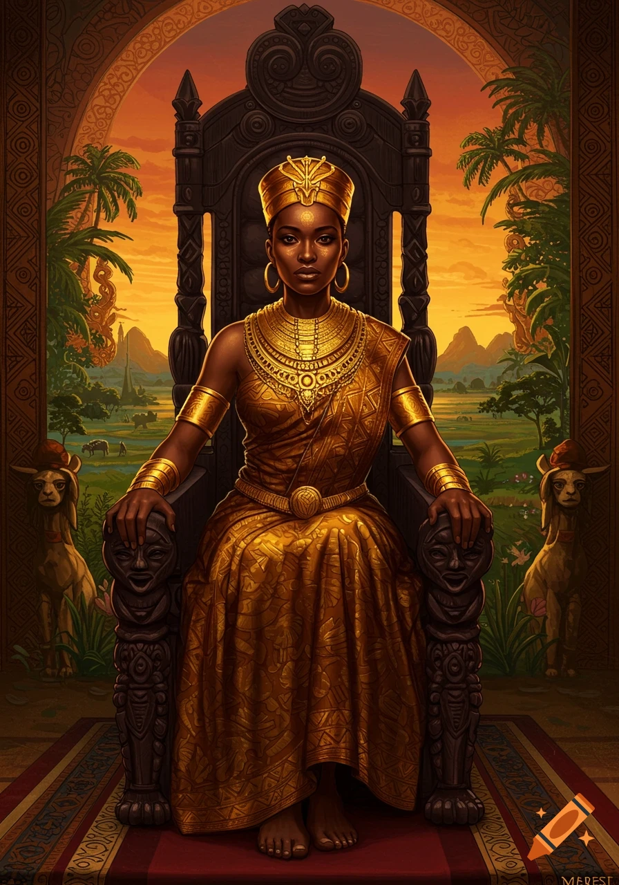 A regal African queen in gold attire sits on an ornate throne in a vibrant scene with palm trees and animals.