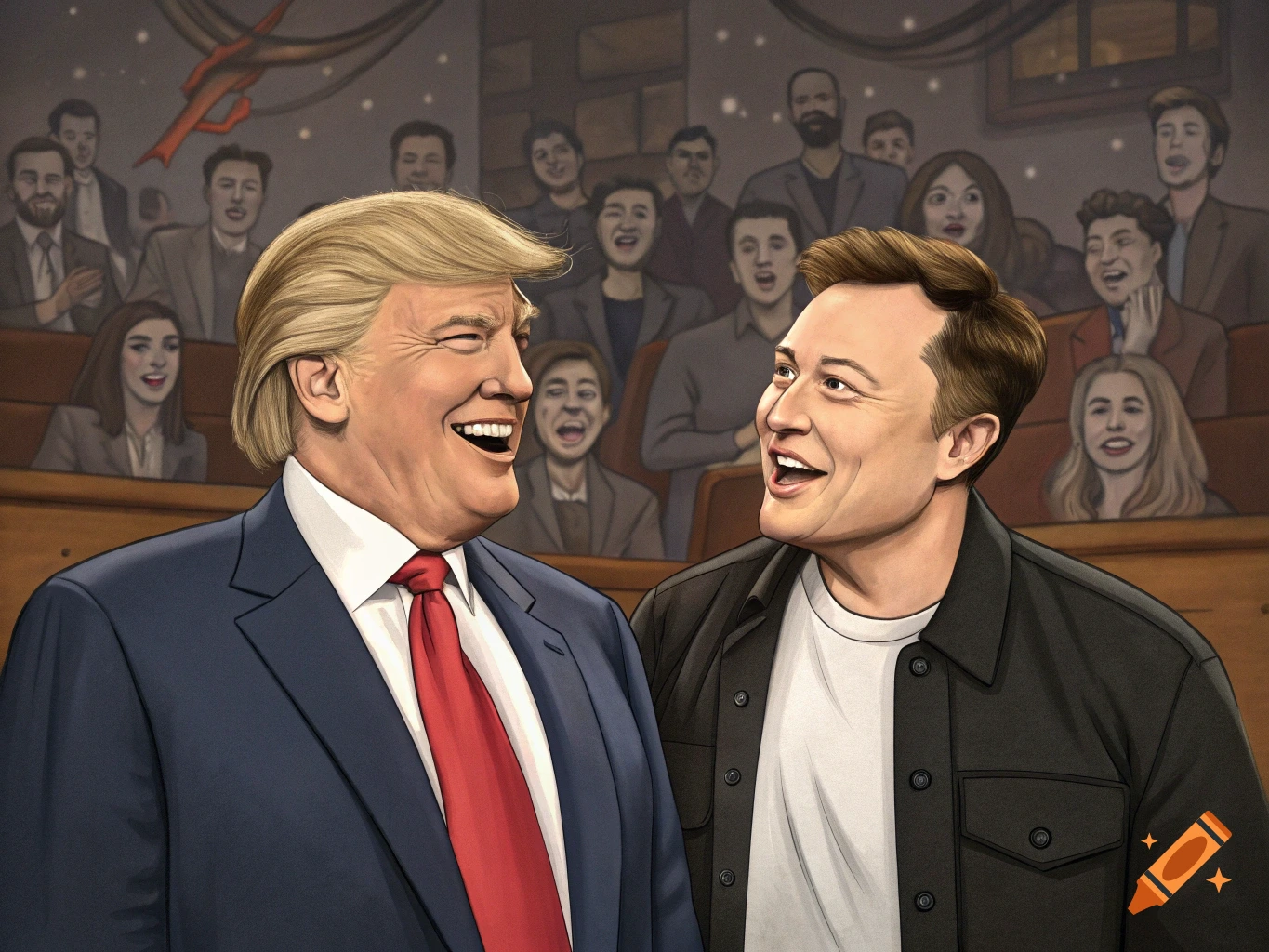 Illustration of Donald Trump and Elon Musk laughing on a stage with a crowd.
