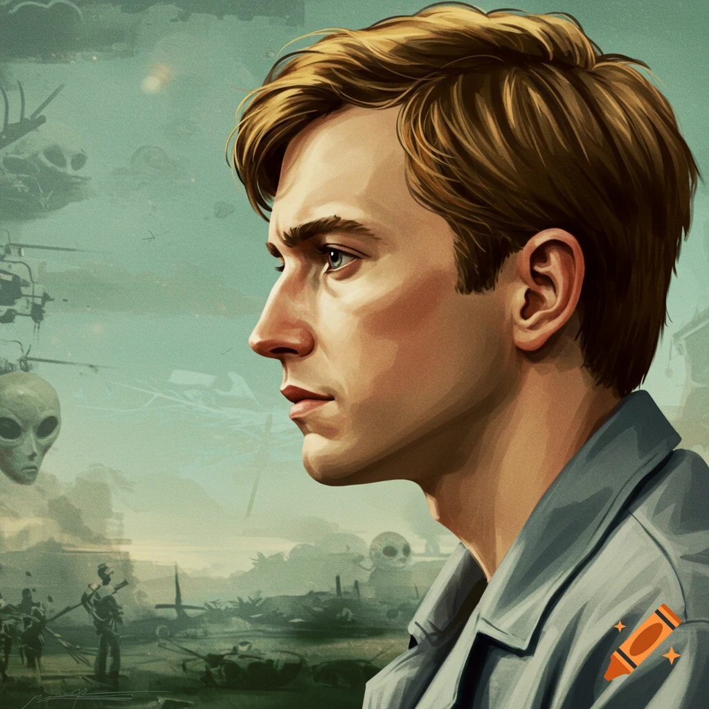 Illustration of a man's portrait with aliens and battlefield elements in the background.