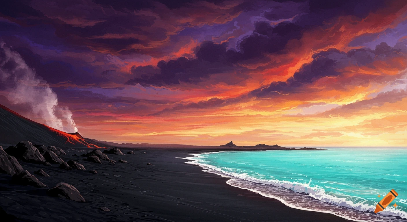 A fantasy painting of a volcanic beach with turquoise water under a dramatic sunset sky.