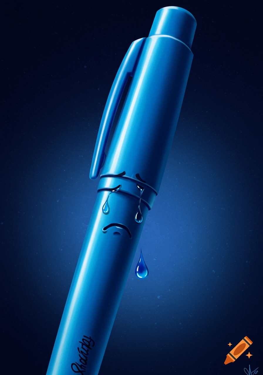 Illustration of a sad blue pen crying.