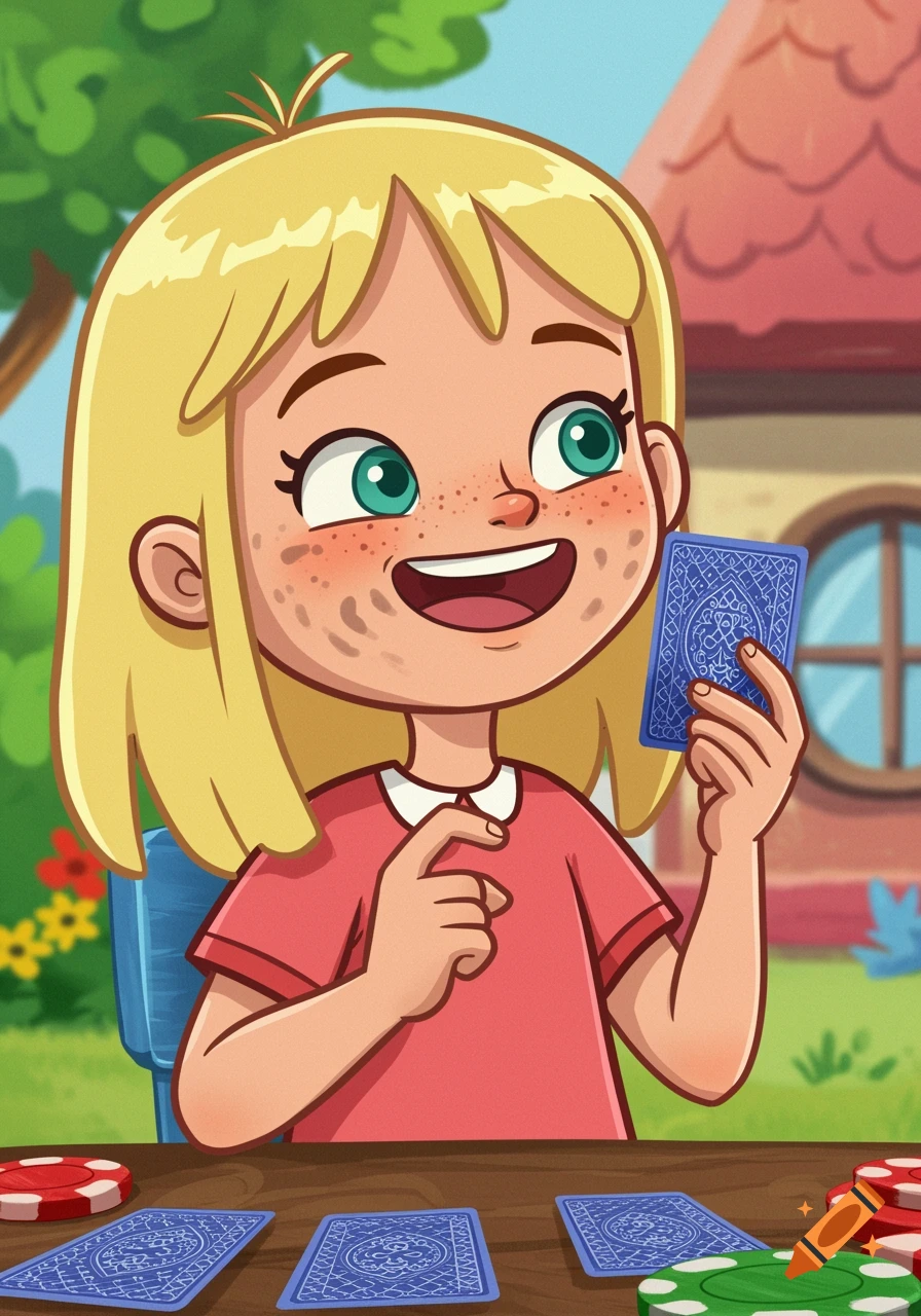 Cartoon girl with blonde hair and freckles playing cards at a table.