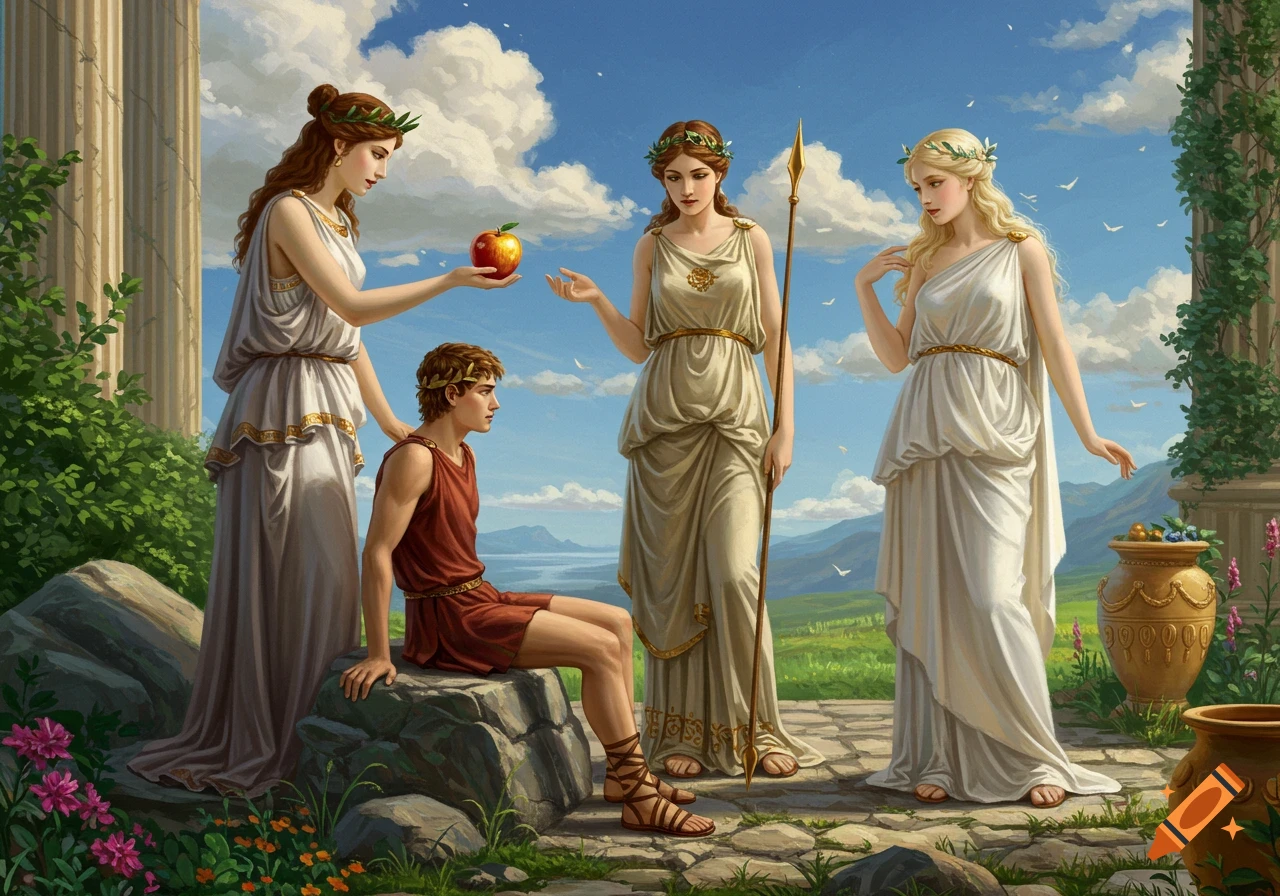 Figures in classical robes in a scene resembling the Judgement of Paris, with an apple being offered.