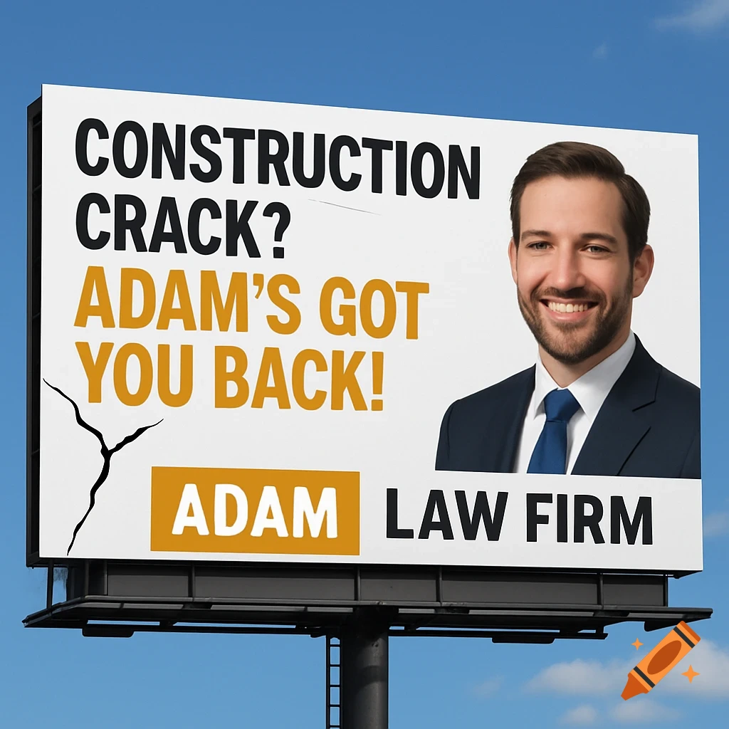 Billboard advertising Adam's Law Firm for construction issues, featuring a man's photo.