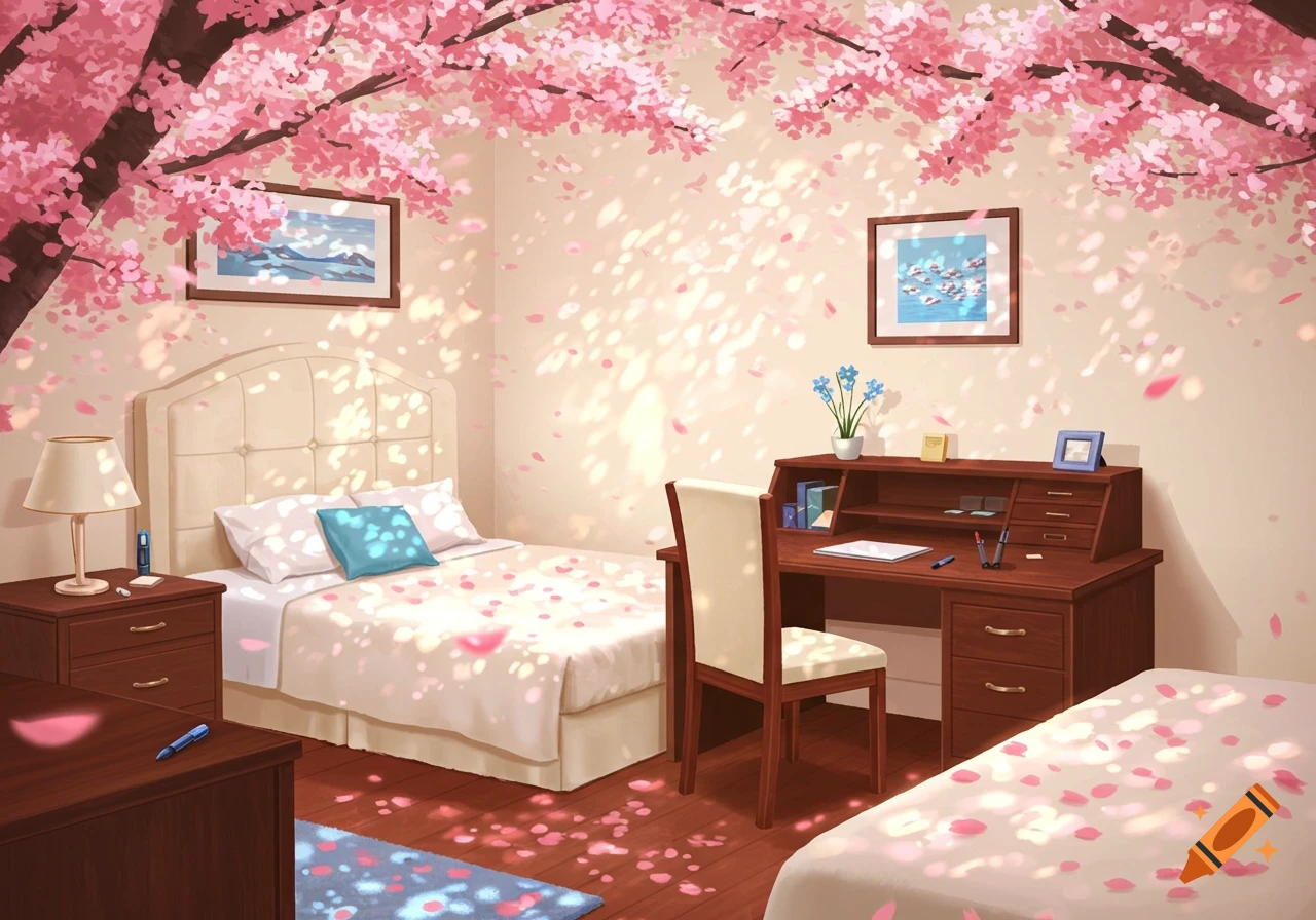 An anime-style bedroom with two beds, a desk, and cherry blossoms framing the ceiling and covering the floor in petals.