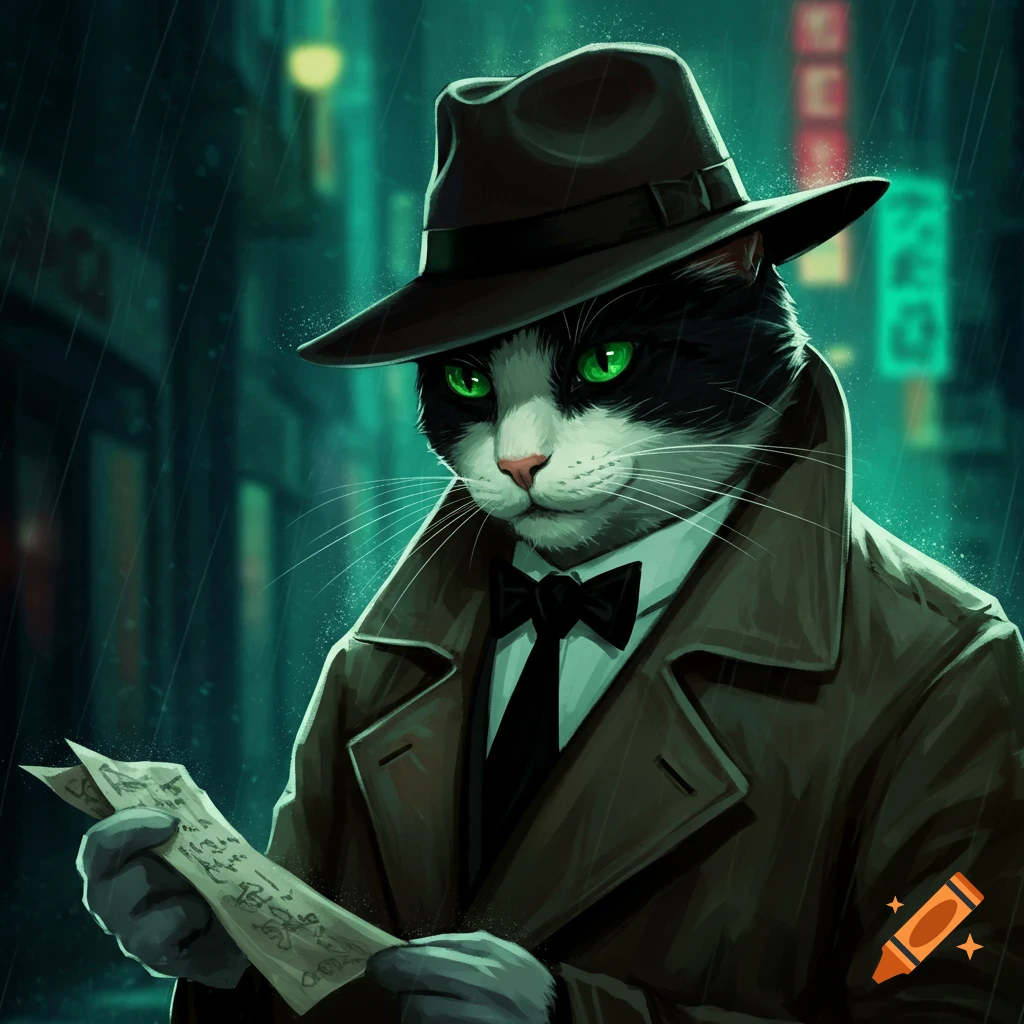 A tuxedo cat detective in a trench coat and fedora reads a paper on a rainy city street.